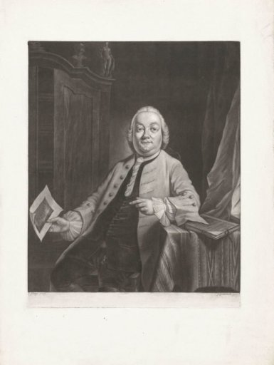 Portrait of Simon Fokke holding the print of the plundering of the house of Gerrit Hagedooren, 1751