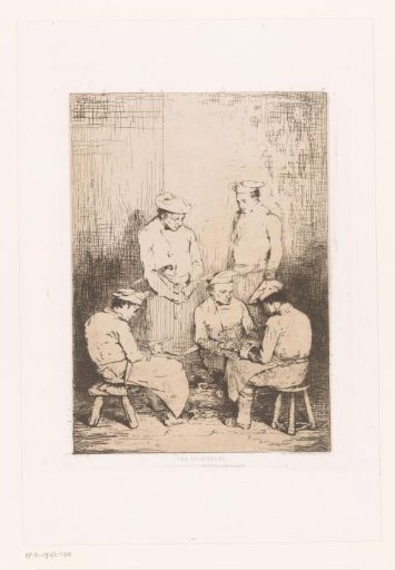 Group of five cooks, three of whom are peeling