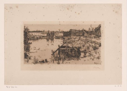 Polder landscape with meadows, ditch and rowing boat