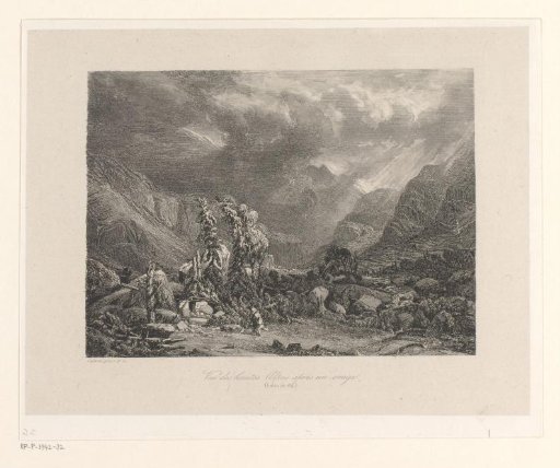 Mountain landscape with figures in a valley after a storm