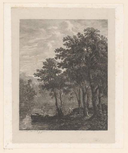Mountain landscape with deciduous trees and two figures by a lake