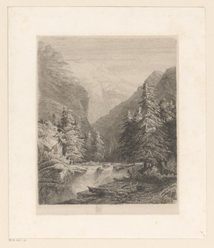 Mountain landscape with pine trees by a waterfall