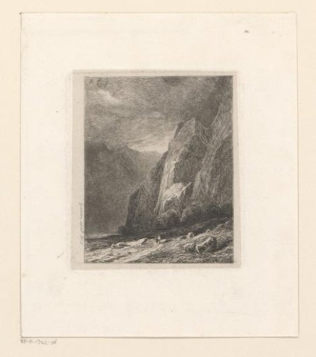 Mountain landscape with figures by a lake