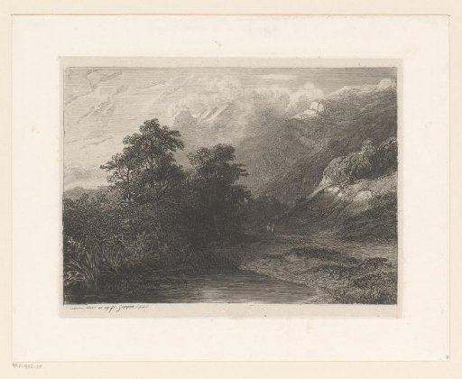 Swiss mountain landscape with figures along a path by the water