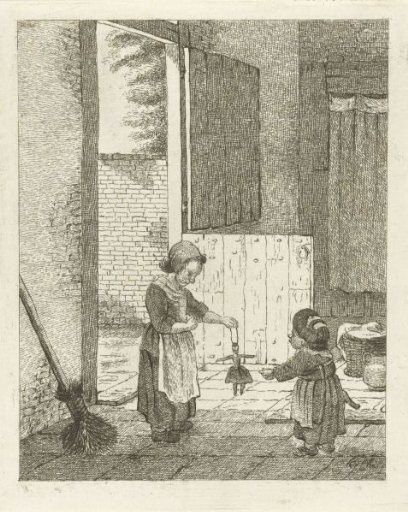 Two girls playing with a doll
