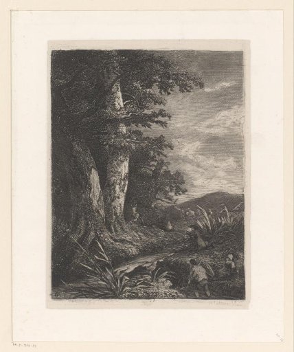 Hilly landscape with hunters and a stag by a tree