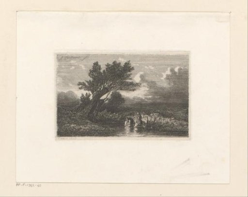 Flat landscape with figures by a willow by the water