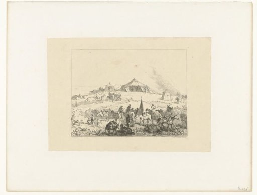 Military camp with tents, soldiers and horses in Algeria