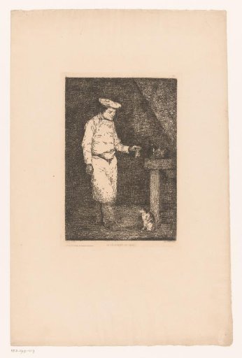 Dark interior with a cook holding up a piece of meat for a cat