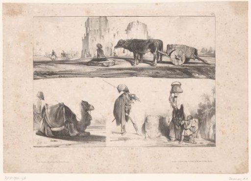Three representations of Oriental figures and animals