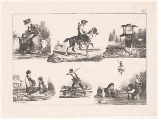 Six representations of children, hunters and other figures