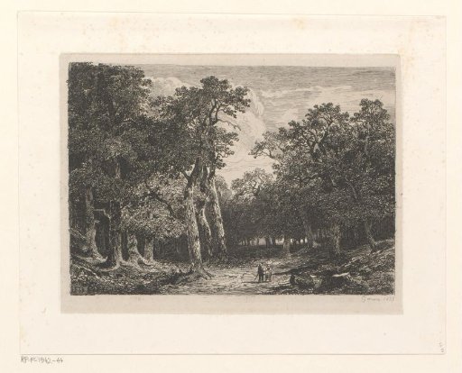 Woodland landscape with two figures on a forest path