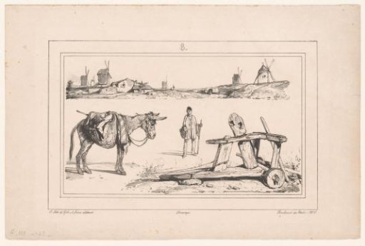 Landscape with mills, donkey, farmer and farm implement