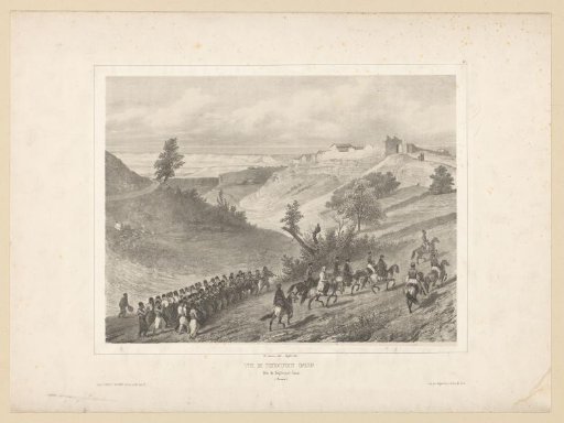 View of musicians and riders and the city Tchioufout Galeh, 18 August 1837