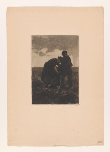 Woman and boy in clogs with a jute sack in the field