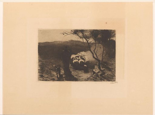 Shepherd with a dog behind his flock