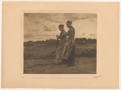Two standing knitters in a landscape in Ede
