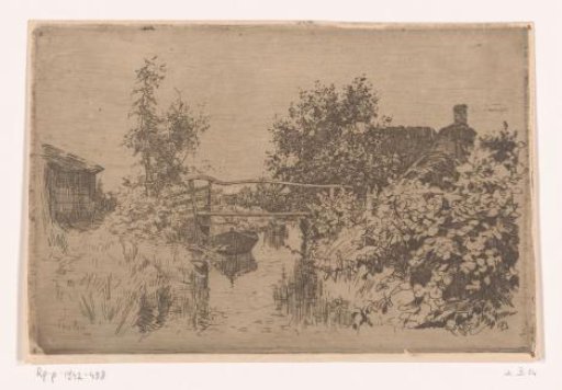 Bridge over a canal in a landscape with trees, houses and shrubbery