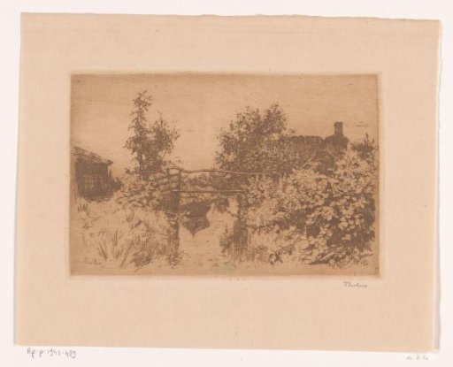 Bridge over a canal in a landscape with trees, houses and shrubbery