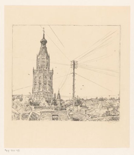 View of Enkhuizen with the tower of the Zuiderkerk and a telephone pole