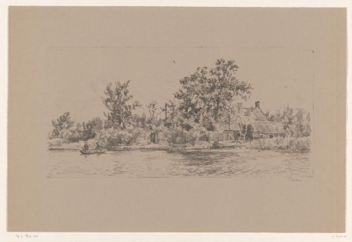Landscape with farm and fishermen in a boat on the water