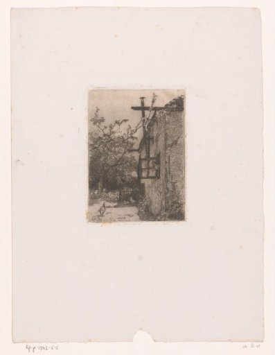House with an open window from which a figure looks out, with birds and a fruit tree
