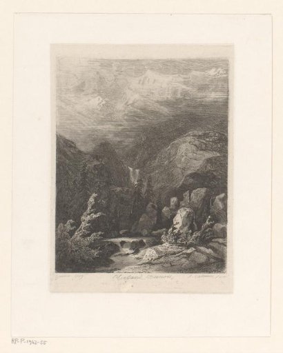 Mountain landscape in the Bernese Oberland with pine trees by a cascade