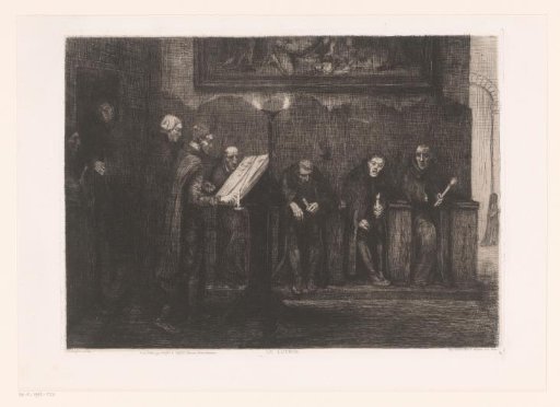 Eight men around a lectern