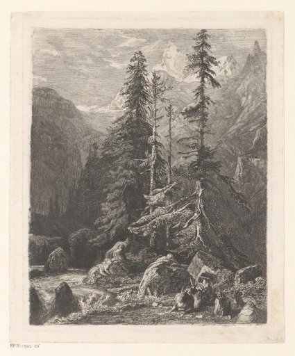 Mountain landscape with goats by a stream