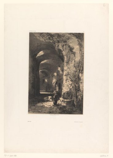 Ruin of a cloister walk with monk