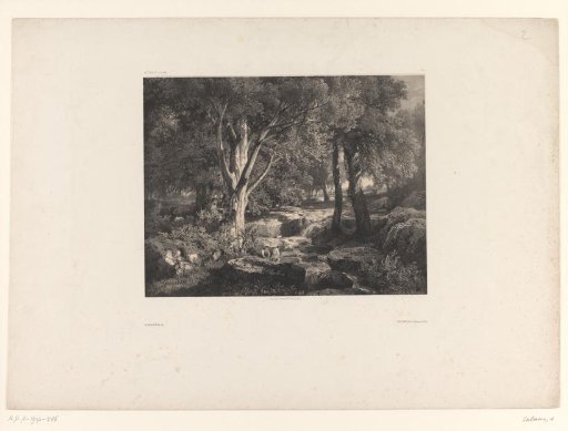 Forest view with two figures by a stream