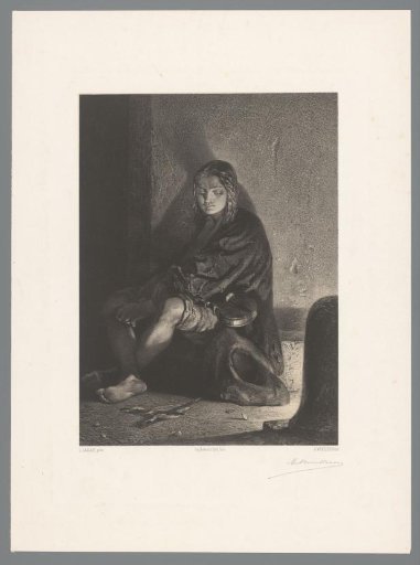 Begging female violinist sitting against a wall