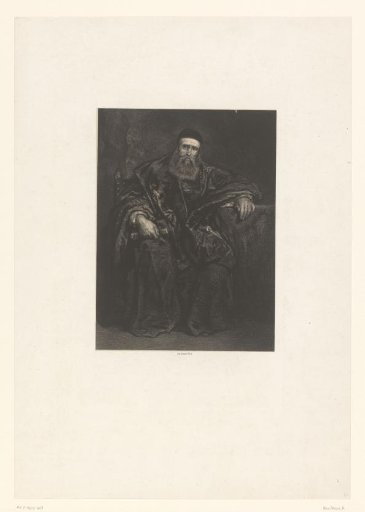 Seated man with beard and loose, dark cloak holding a closed book