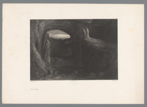 Dante and Virgil standing at a river with swimming people