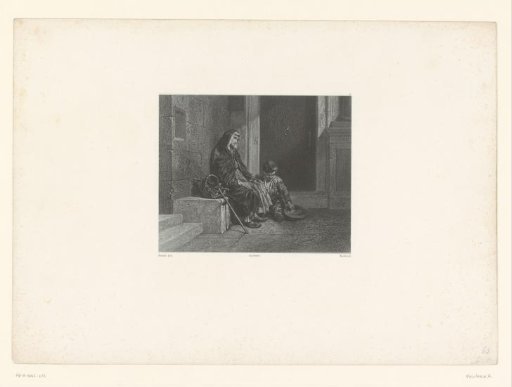 Woman and boy begging at a stairway entrance