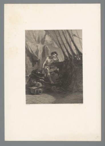 Young man on a cannon on board a ship
