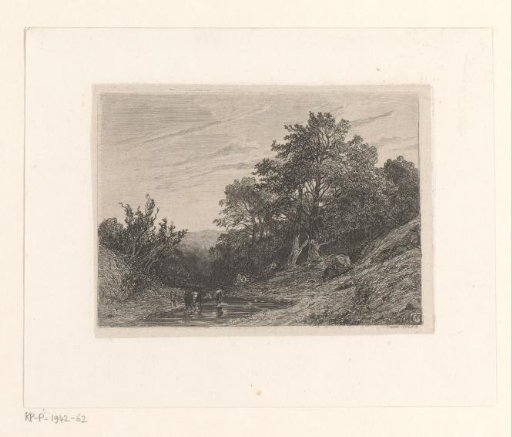 Mountain landscape with cows by a stream
