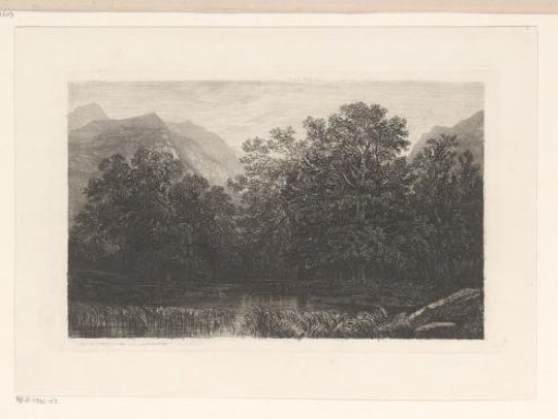 Mountain landscape with deciduous trees by a watering place