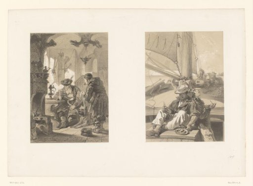 Seated man with drinking glass and dog and two men on board a ship