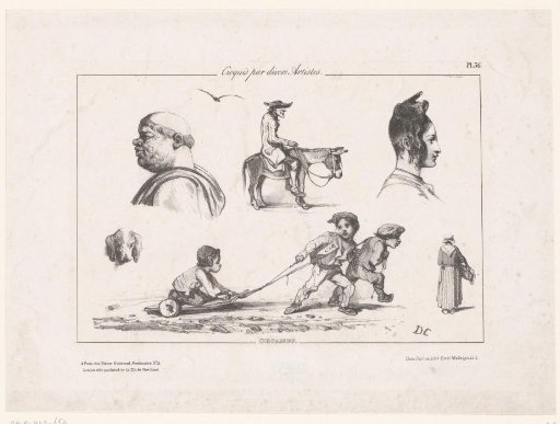 Six representations of various figures and animals