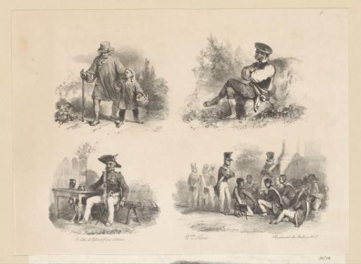 Sketch sheet with a peasant, a Basque, a veteran and a group of soldiers