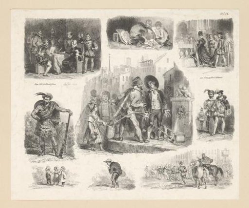 Sketch sheet with, among others, Mary I Stuart, children, a noblewoman and a Scot