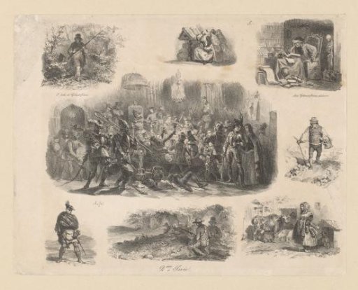 Sketch sheet with, among others, a hunter, philosopher, a peasant and a Scot