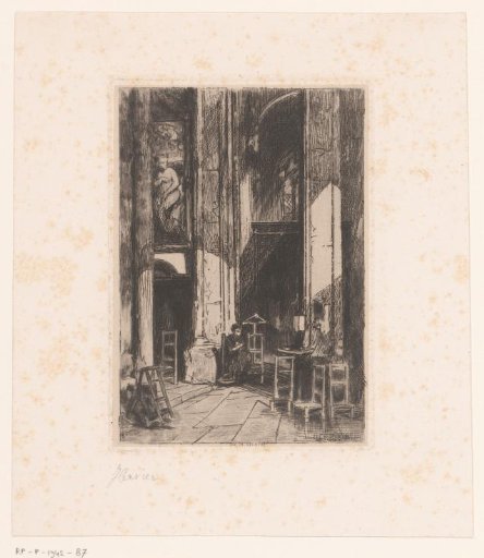 Church interior with a woman on a chair