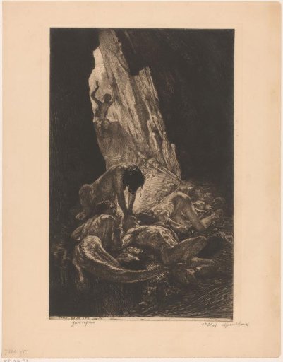 Interior of a dark cave with creatures devouring a nude man