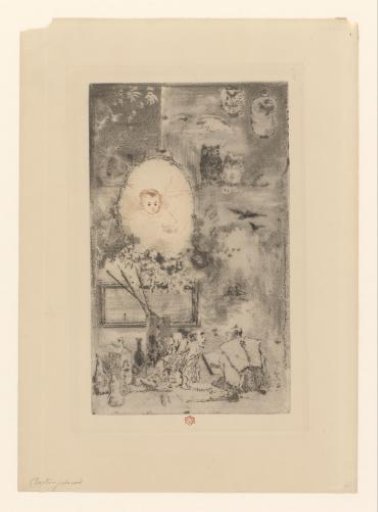 Portrait of a baby in an oval above a table with incense