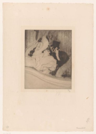 Woman with fan and skeleton on a balcony in a theatre