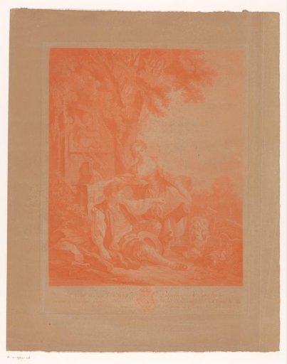 Young man and woman with their dog by a fountain
