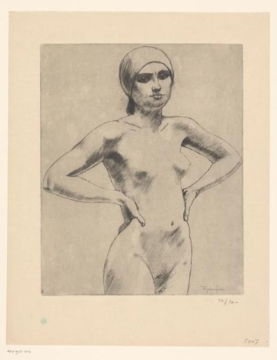 Nude woman with arms akimbo