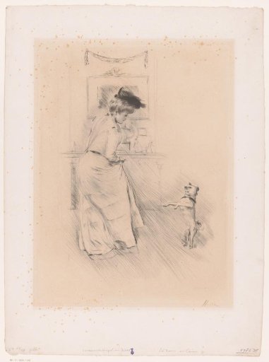 Young woman with dog before a mantelpiece